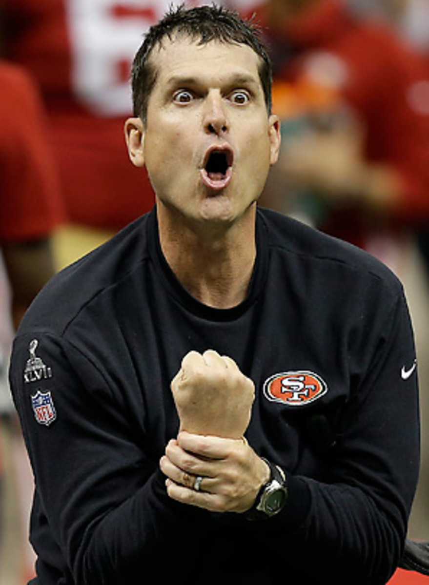 Jim Harbaugh was not happy with the lack of a call at the end of the game. (Gene Puskar/AP)
