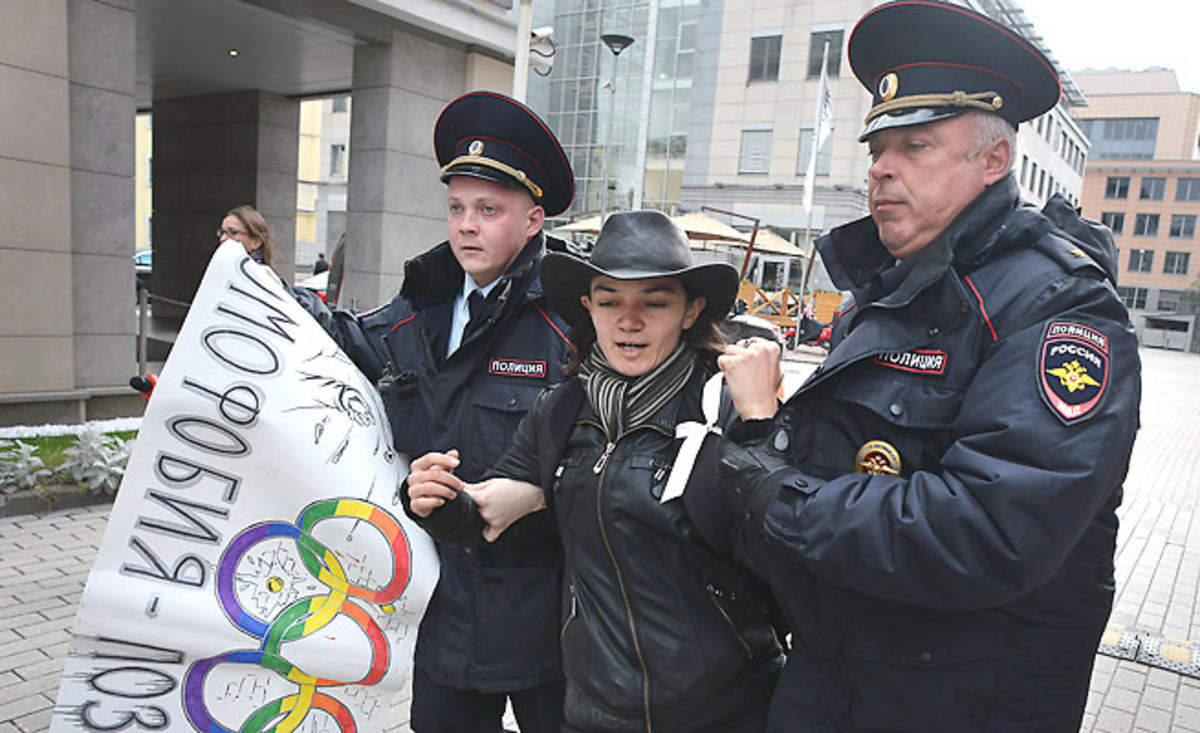 Gay rights activists were arrested Wednesday in Russia for protesting the country's new anti-gay law.