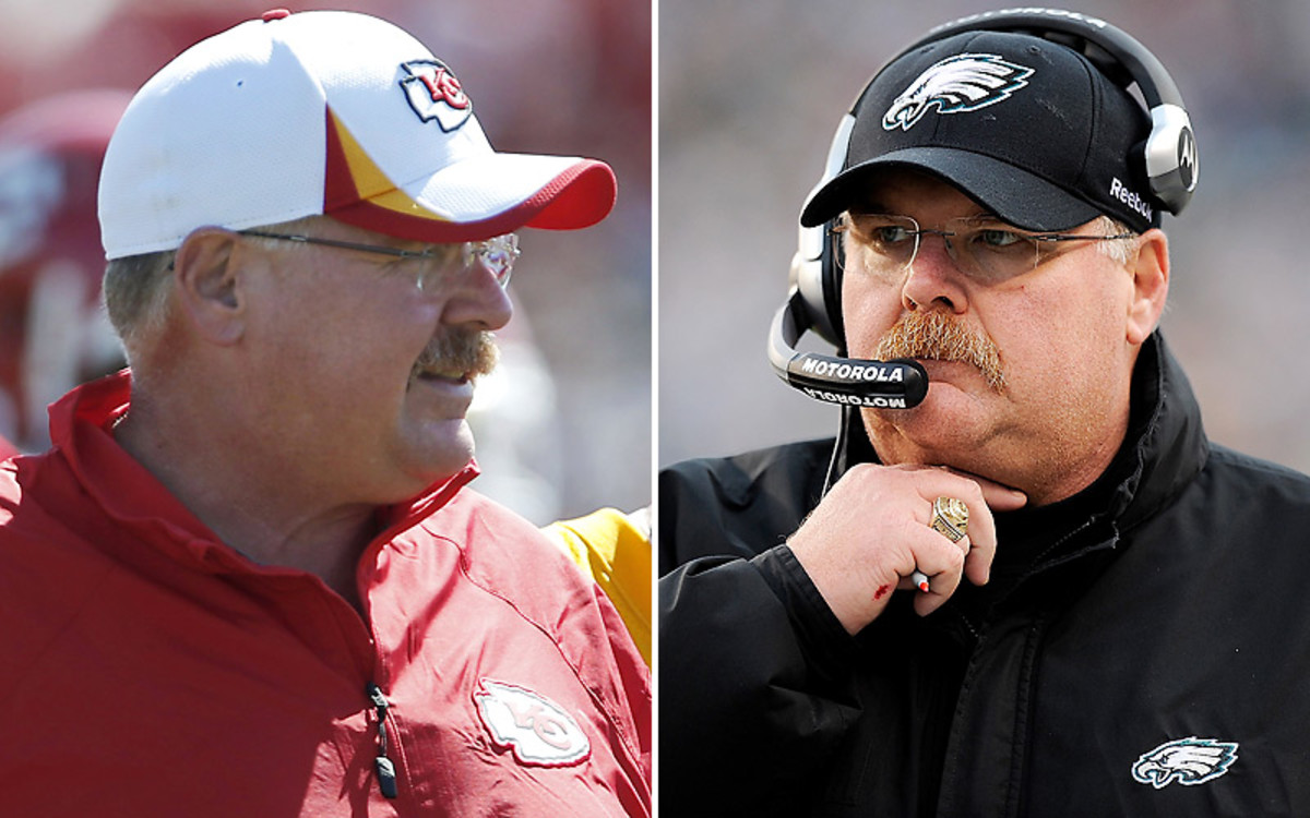 Quite a contrast: After seeing Andy Reid in black and green for so long, it's a shock to see him looking happy in Chiefs red. (Orlin Wagner/AP :: Patrick McDermott/Getty Images)