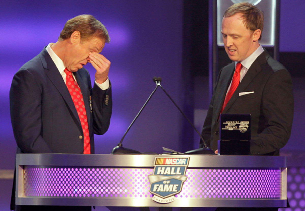 Rusty Wallace stoically won 55 races but became emotional when his son Greg presented him for induction.