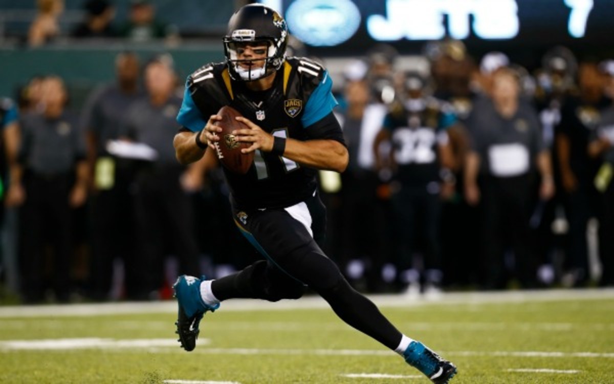 Jaguars' Blaine Gabbert played well but injured his throwing thumb. (Jeff Zelevansky/Getty Images)