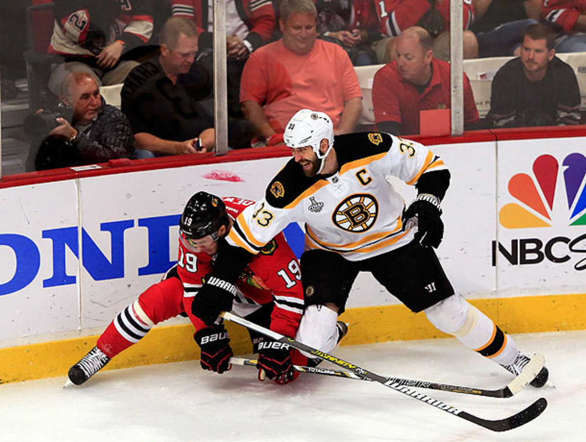 Hits like this one from Boston's Zdeno Chara probably did not help whatever is ailing Jonathan Toews