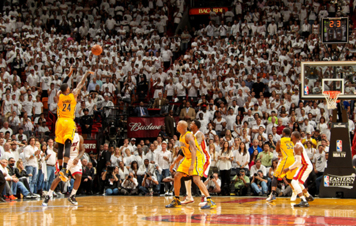 Paul George forced overtime with this three-pointer. (Issac Baldizon/Getty Images)