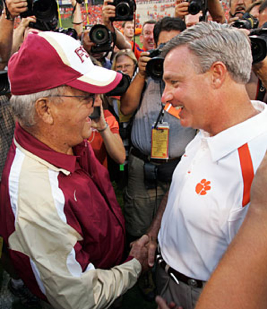 Bobby (left) and Tommy Bowden share a laugh before Florida State's 2007 game at Clemson.