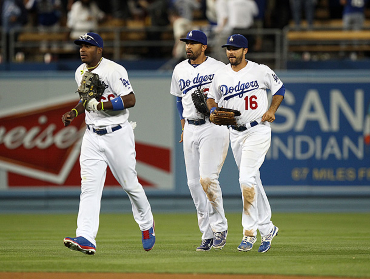 Left to right: Yasiel Puig, Matt Kemp and Andre Ethier could give the Dodgers a formidable outfield if they all stay healthy. (Adam Davis/Icon SMI)