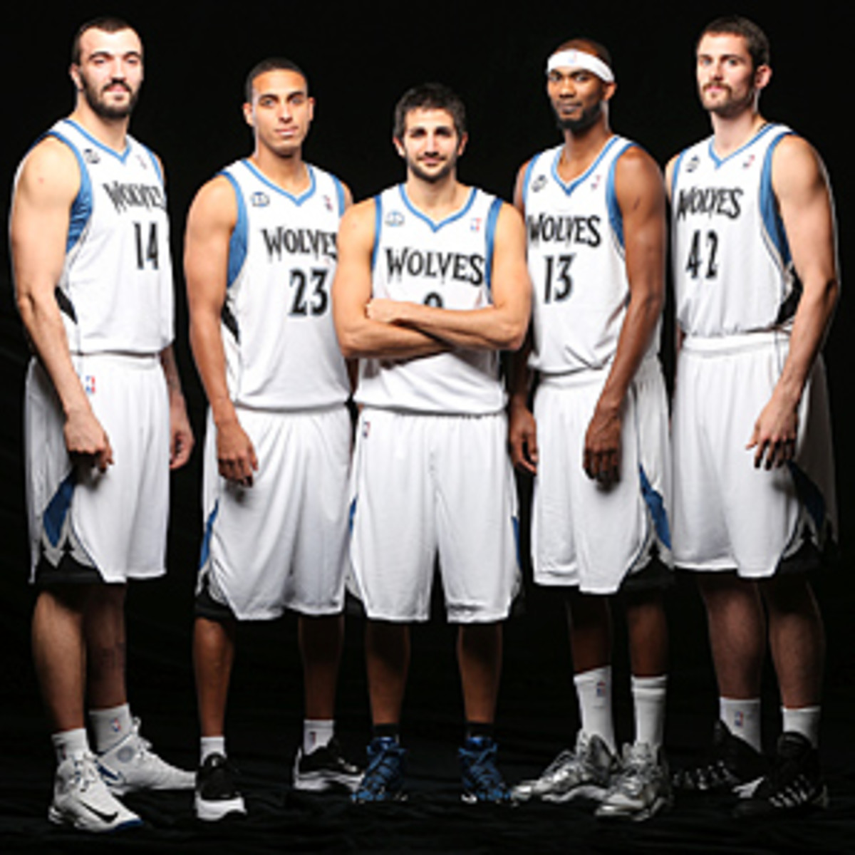 The Timberwolves have a solid starting lineup of (from left) Nikola Pekovic, Kevin Martin, Ricky Rubio, Corey Brewer and Kevin Love.