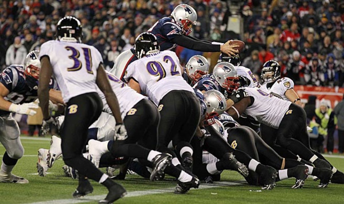 Patriots fans will forever remember this fourth-and-one dive and tumble by Tom Brady against the Ravens.