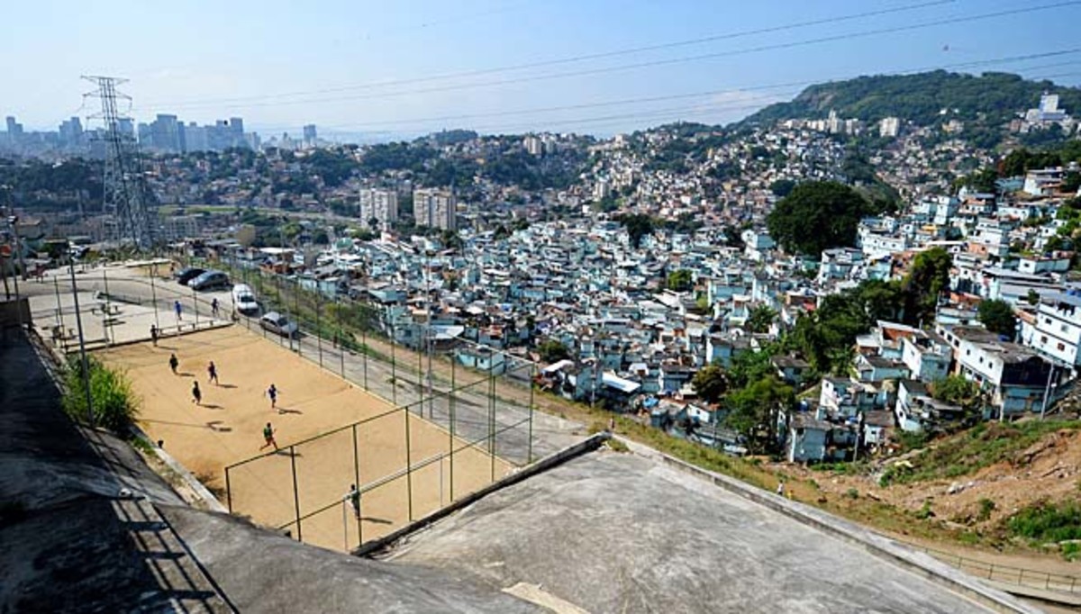 Children play pickup soccer in one of Brazil's favelas, or urban slum areas.