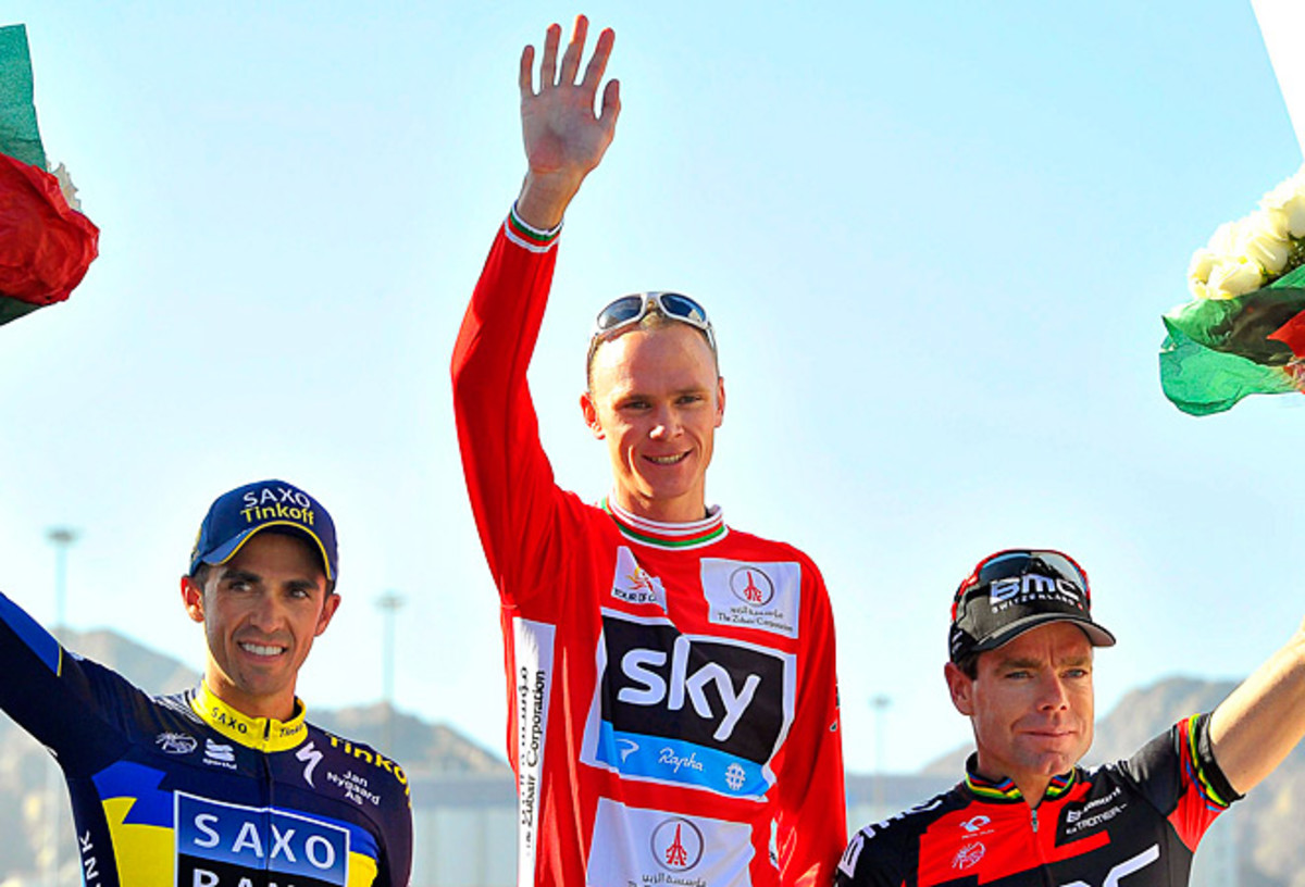 Christopher Froome (center) held off Alberto Contador and Cadel Evans to claim his first stage-race win.