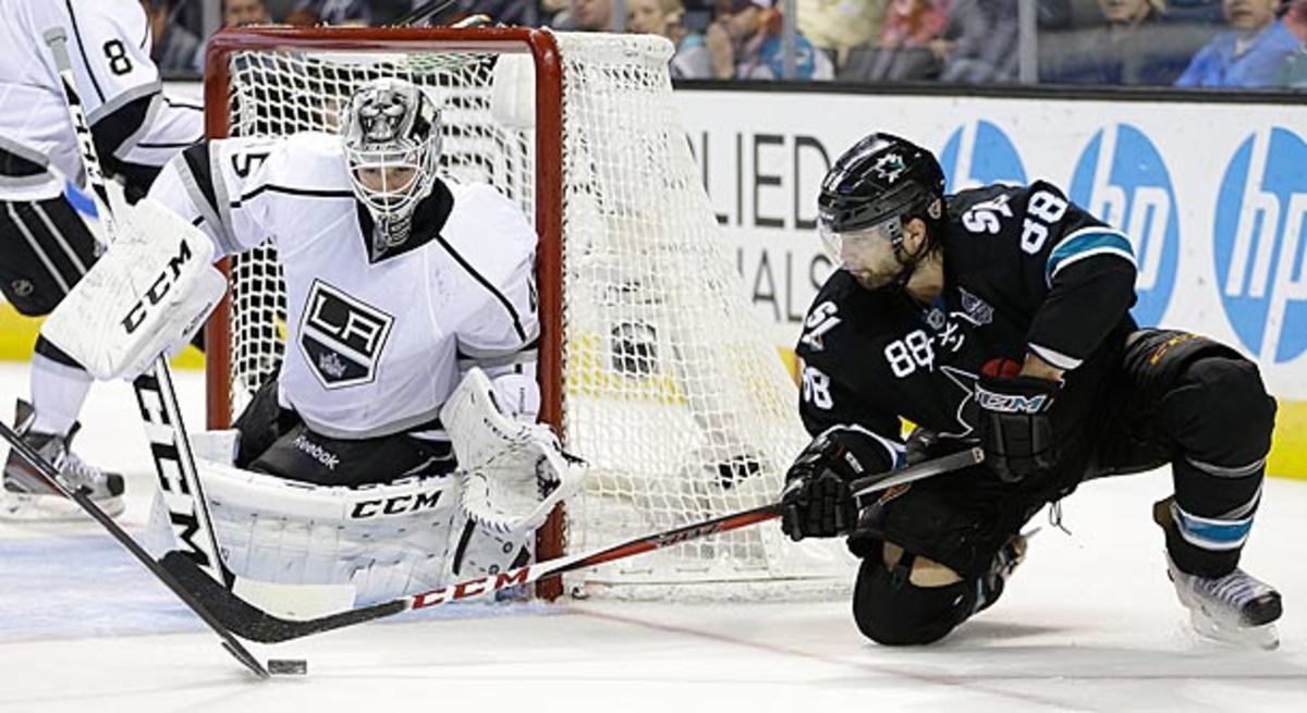 Brent Burns of the San Jose Sharks and Jonathan Quick of the Los Angeles Kings