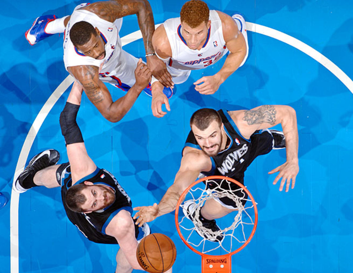 Kevin Love (front left) and Nikola Pekovic form a strong big-man combination for the Timberwolves.