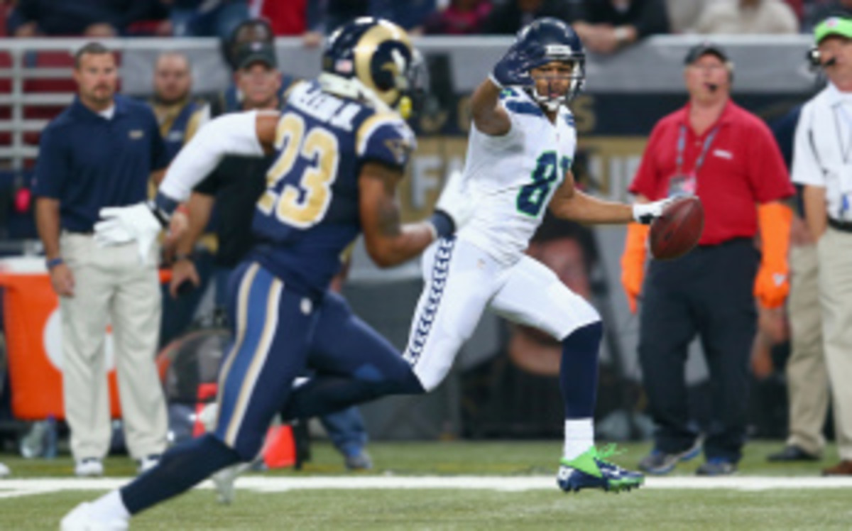 The NFL will reportedly consider negating touchdowns for taunting penalties, which would've affected Seahawks wide receiver Golden Tate's game winning 80-yard touchdown against the Rams on Monday. (Andy Lyons/Getty Images)