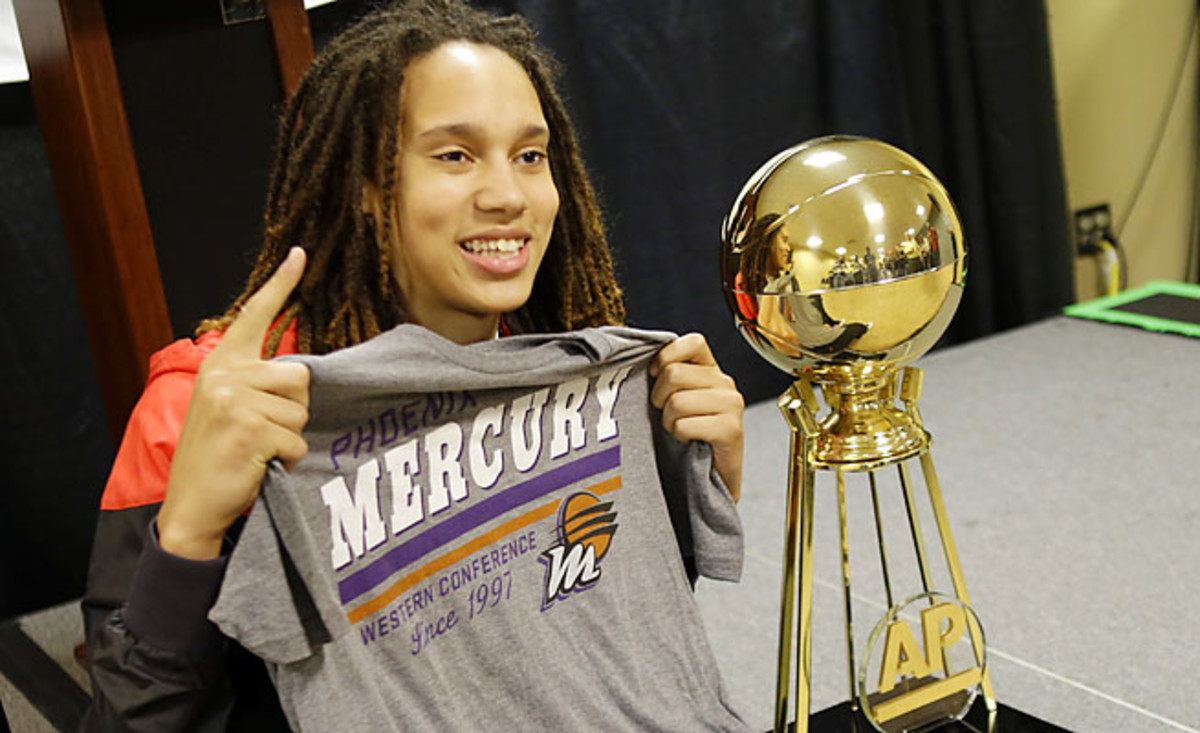 Brittney Griner poses with a Phoenix Mercury shirt at the women's Final Four last week.
