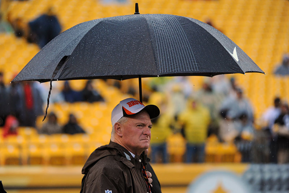 Owner Jimmy Haslam, looking less than pleased pregame at Pittsburgh before the season-ending loss. (George Gojkovich/Getty Images)