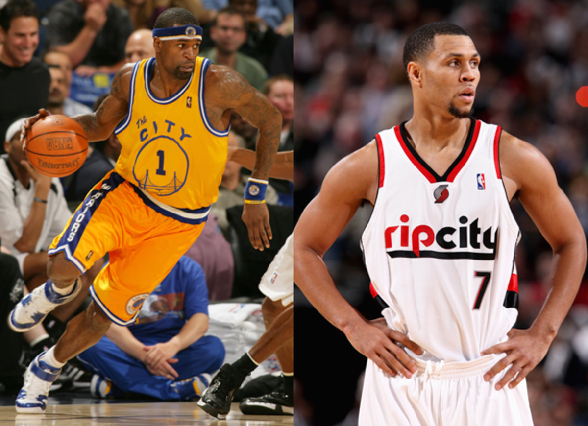 Stephen Jackson (left) wears the Warriors' "The City" jersey in 2007; Brandon Roy (right) wears the Blazers' "Rip City" jersey in 2009. ( Rocky Widner Sam Forencich