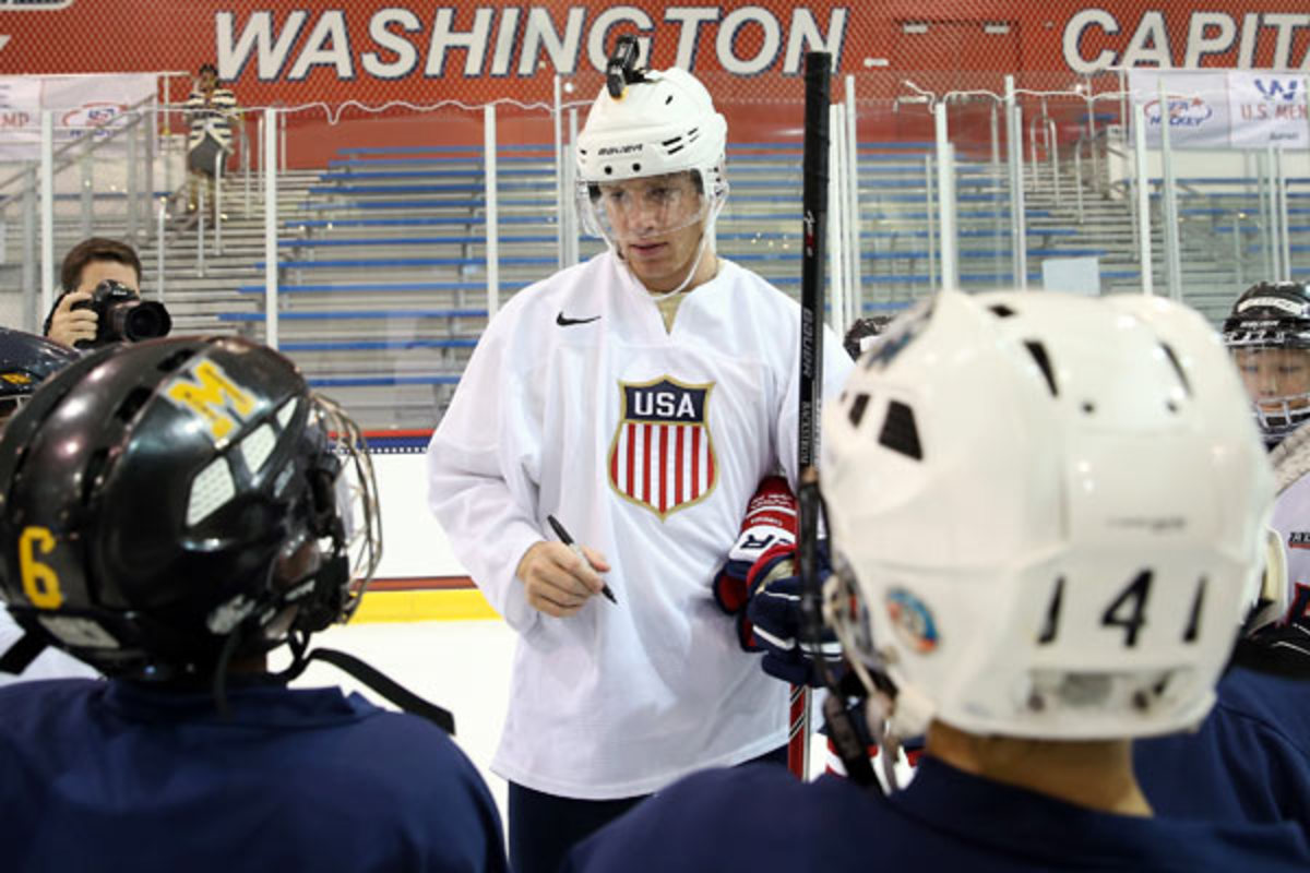 Patrick Kane participated in a USA Hockey sponsored youth clinic on Monday. (Bruce Bennett/Getty Images)