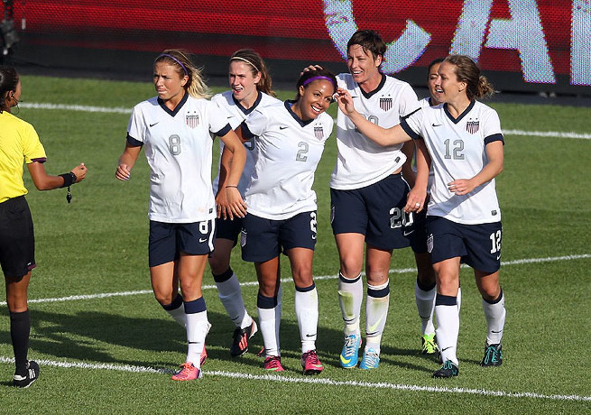 Sydney Leroux (2) celebrates with her teammates after scoring against Canada.