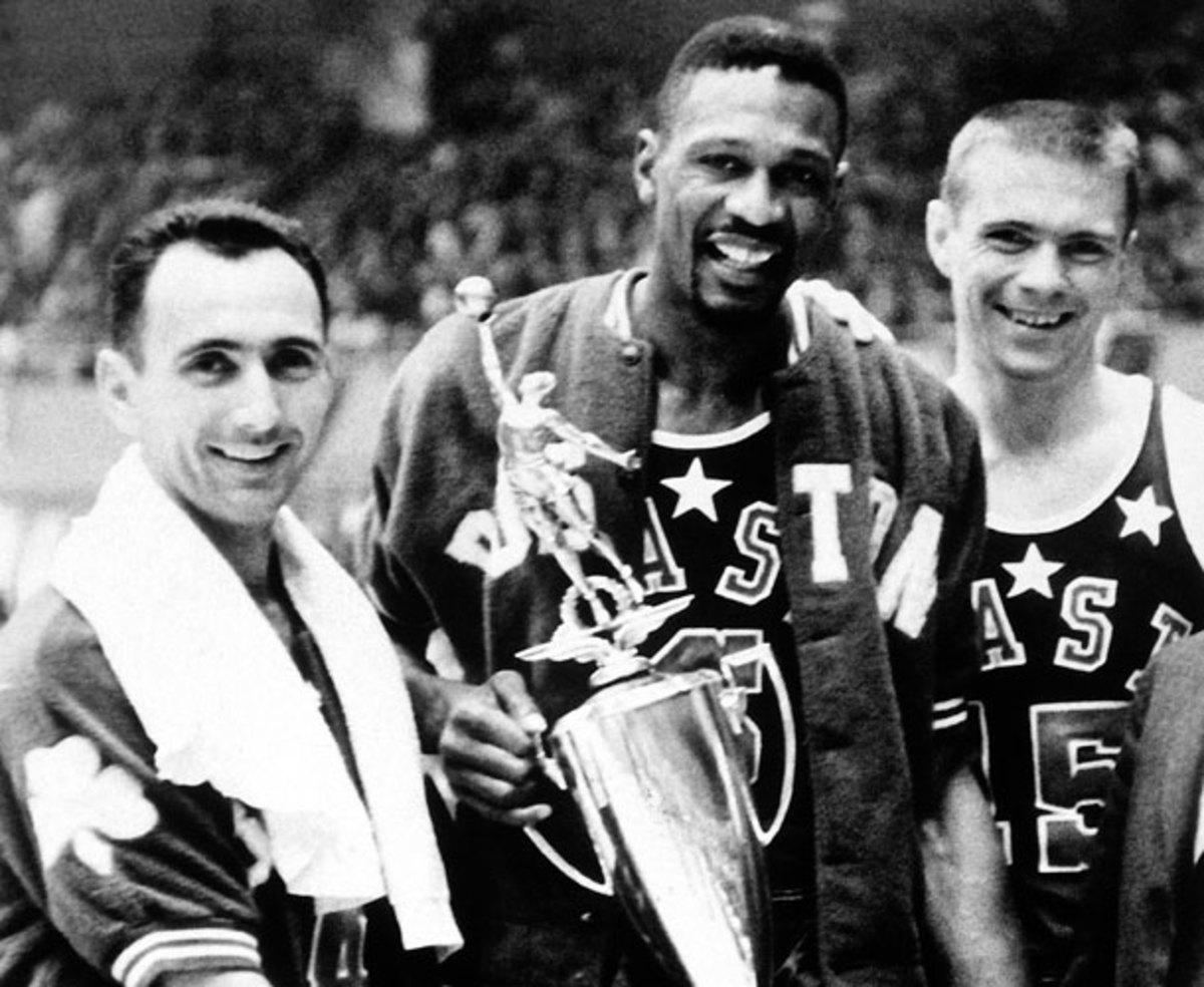 Bob Cousy, Bill Russell and Tom Heinsohn pose after the 1963 All-Star Game. (Photo by NBA Photos/NBAE via Getty Images) 