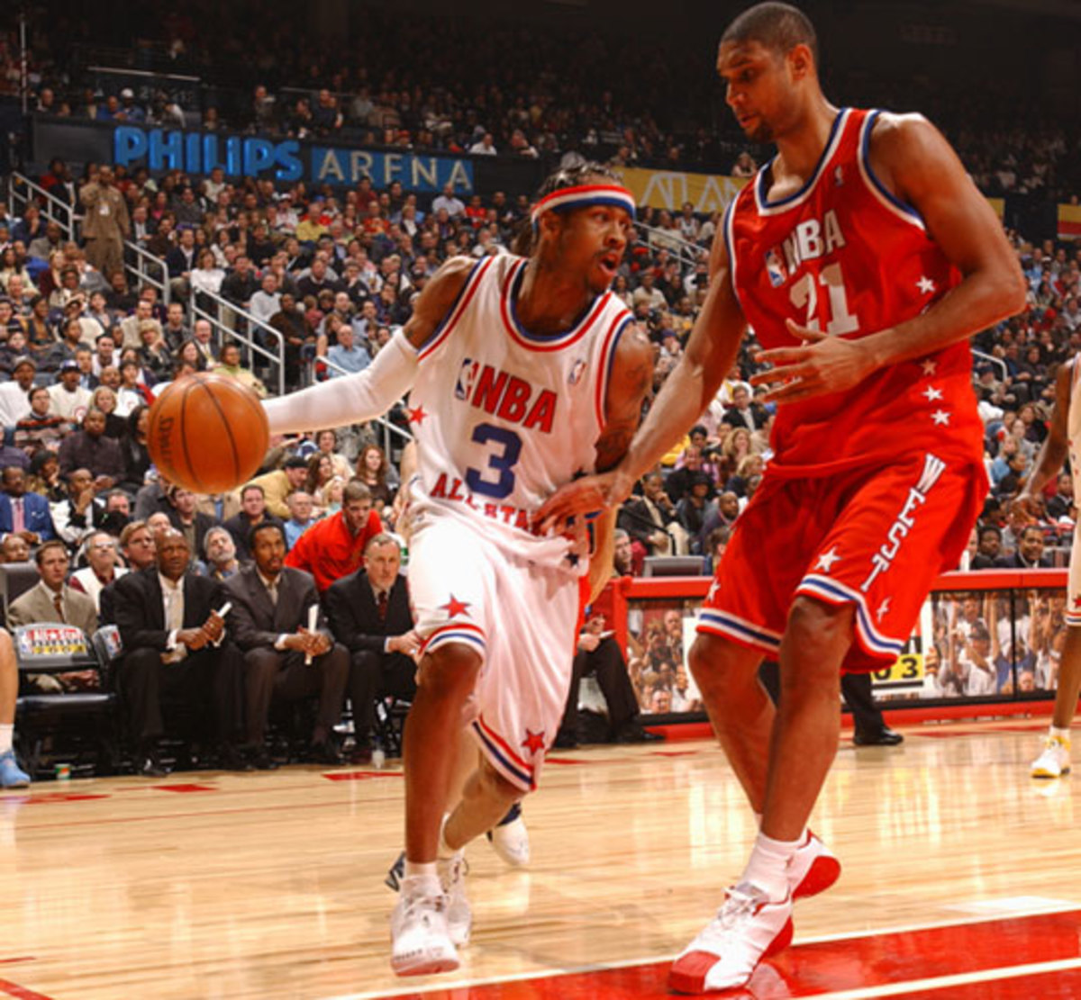 Allen Iverson drives to the basket against Tim Duncan during the 2003 NBA All-Star Game. (Getty Images)