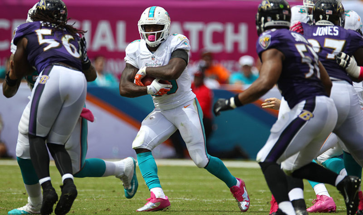Running back Lamar Miller could find less room to run Sunday with the Miami Dolphins now missing two starters on the offensive line. (Marc Serota/Getty Images)
