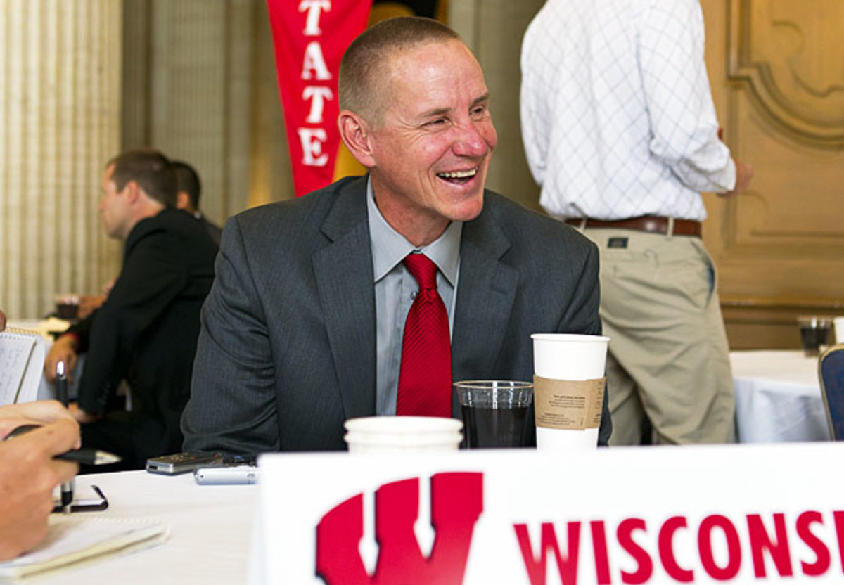 Wisconsin's Gary Andersen laughs with reporters before Big Ten media days in Chicago this summer.
