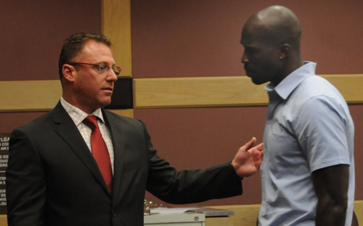 Chad Johnson, seen with his lawyer Adam Swickle, was released from jail on Monday. (Taimy Alvarez/Sun Sentinel/MCT)