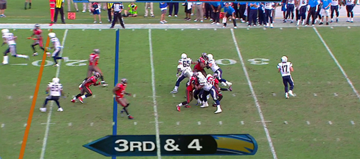 Malcom Floyd runs an out-and-up from the top of Twins, while Eddie Royal hits a shorter out route to provide an outlet underneath.