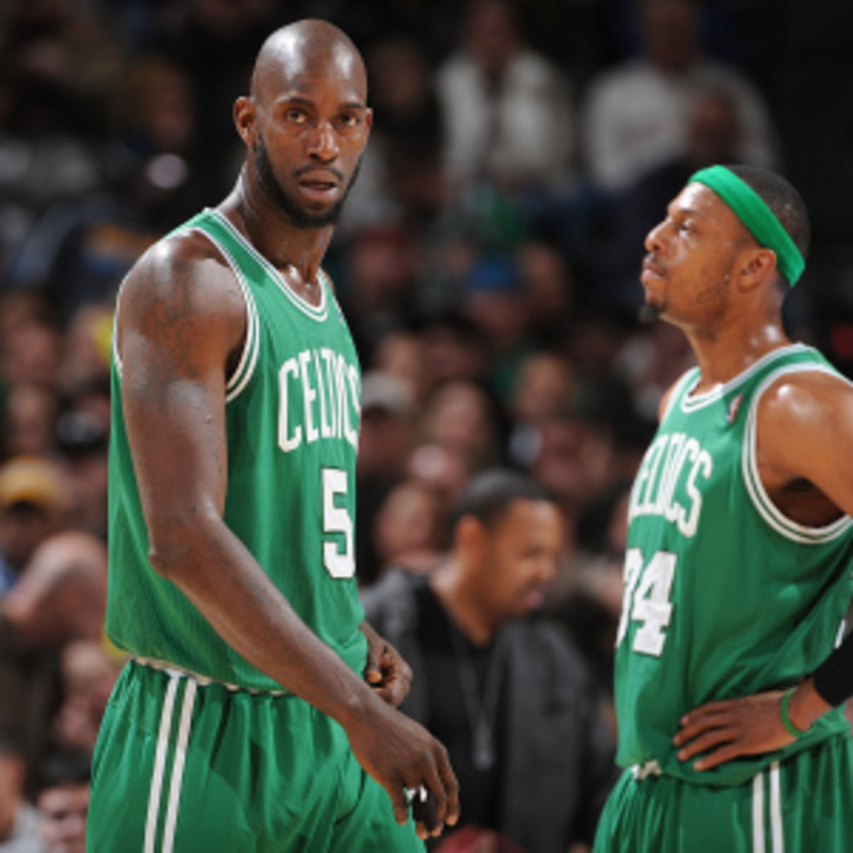 Kevin Garnett and Paul Pierce are out vs. the Heat on Friday. (Garrett Ellwood/Getty Images)