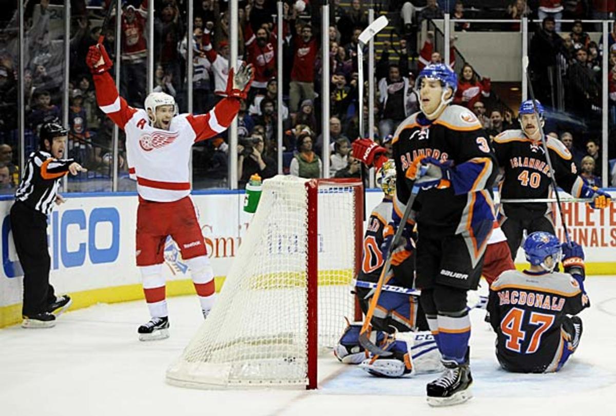 Pavel Datsyuk of the Detroit Red Wings celebrates a goal against the New York Islanders.