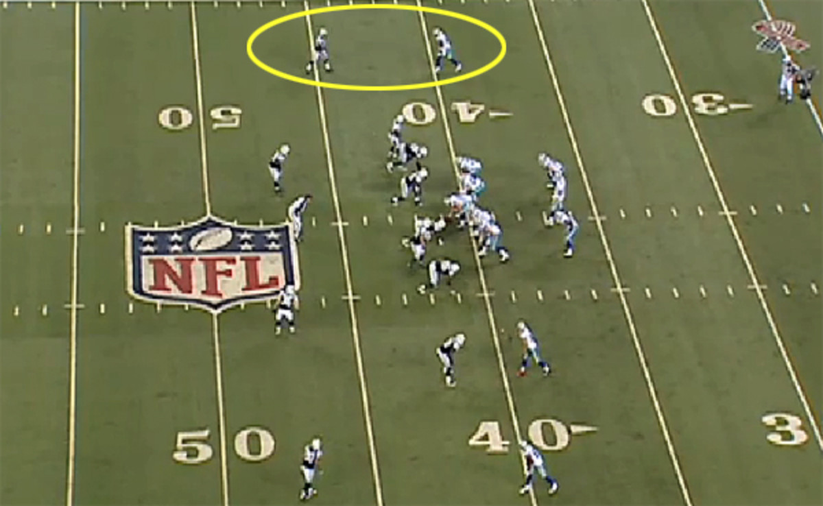 Romo thinks he sees a Cover-0 blitz. In this situation, he would have a straight-up matchup of Dez Bryant and Darrelle Revis (circled) with no help over the top.