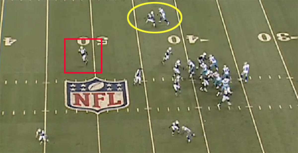 Pre-snap, safety Brodney Pool reinforces the disguised coverage by cheating a step inside. But at the snap, Pool runs as quickly as possible to the sideline, and the game is on.