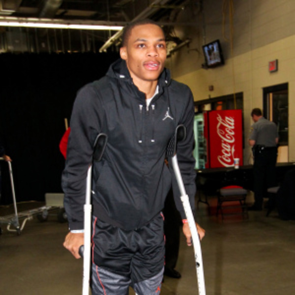 Russell Westbrook will be on crutches for the next month. (Joe Murphy/Getty Images)