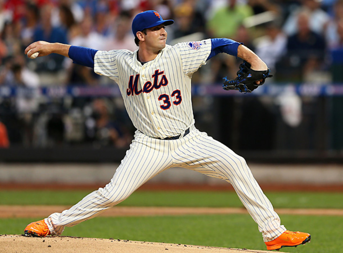 Matt Harvey gave up a leadoff double to Mike Trout and hit Robinson Cano, but settled down to pitch two strong innings. [Elsa/Getty Images]