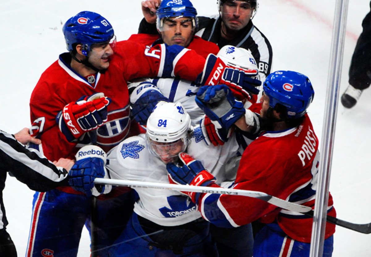 Toronto's Mikhail Grabovski (84) got into a scrum with three Canadiens, including Max Pacioretty (67).