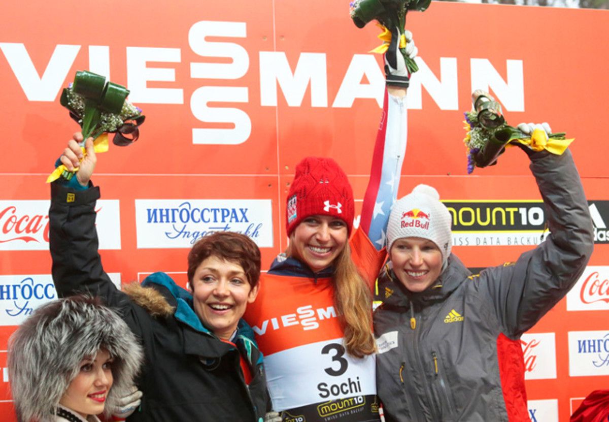 Americans Noelle Pikus-Pace (C) and Katie Uhlaender (L) finished 1-2 in the World Cup skeleton event in Sochi.