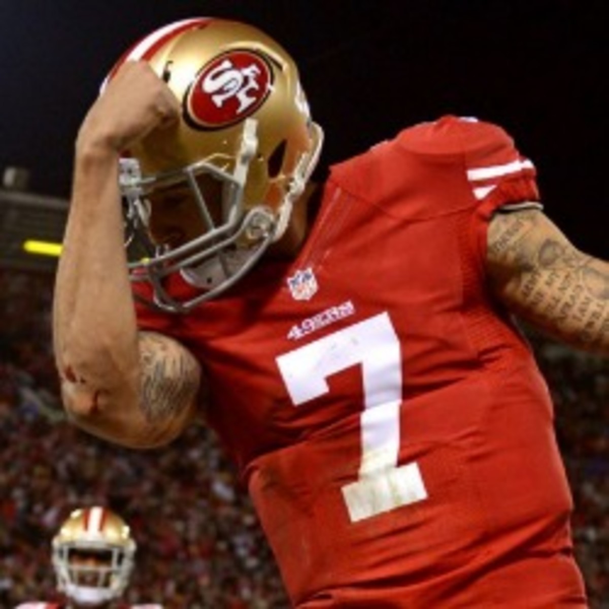49ers quarterback Colin Kaepernick has filed to trademark this pose called  Kaepernicking. (Harry How/Getty Images)