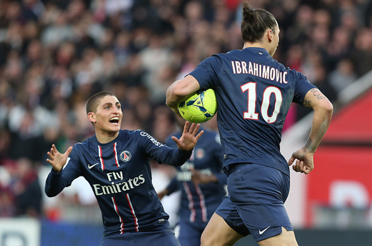 Zlatan Ibrahimovic is congratulated by midfielder Marco Verratti after Ibrahimovic scoring his second goal.