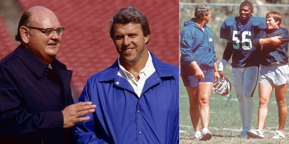     Parcells with Giants GM George Young (far left), and with Taylor and a certain assistant who at the time preferred short shorts instead of a hoodie. (George Tiedemann/SI :: Jerry Pinkus/SI)