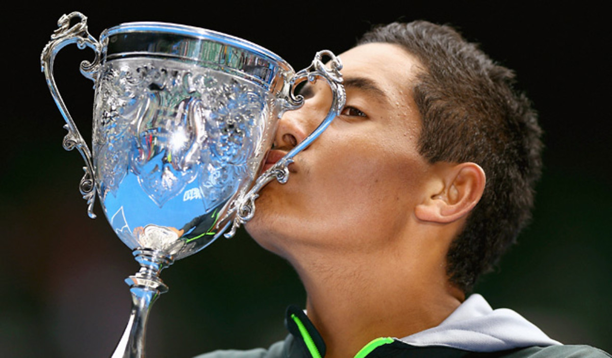 Nick Kyrgios fended off Thanasi Kokkinakis 7-6 6-3 in the first all-Australian boys final since 1994.