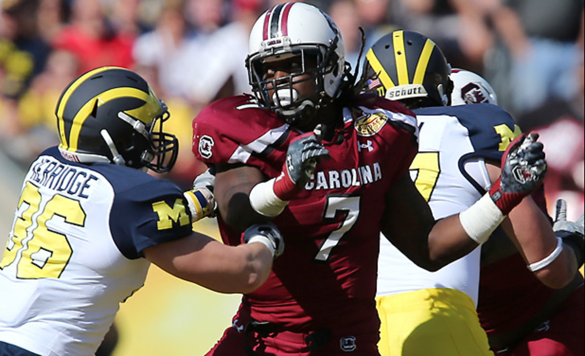 Jadeveon Clowney has 21 sacks and 35.5 tackles for loss in two seasons at South Carolina. (Jim Dedmon/Icon SMI)