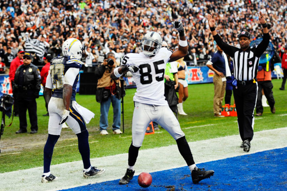 Darrius Heyward-Bey, shown here celebrating against the Chargers, had five touchdowns in 2012.