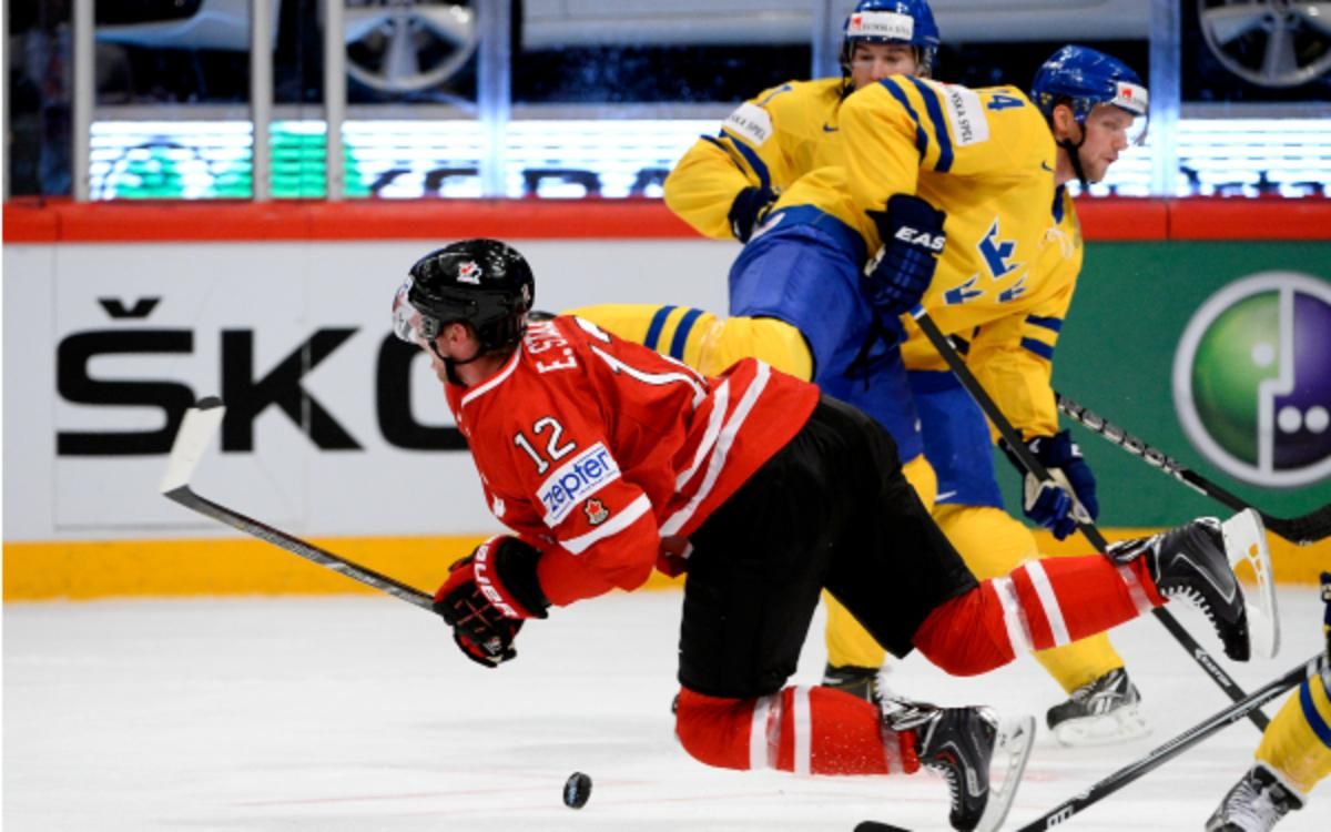 Alexander Edler will reportedly be suspended for two games in the Olympics for this hit on Eric Staal (Jonathan Nackstrand/Getty Images