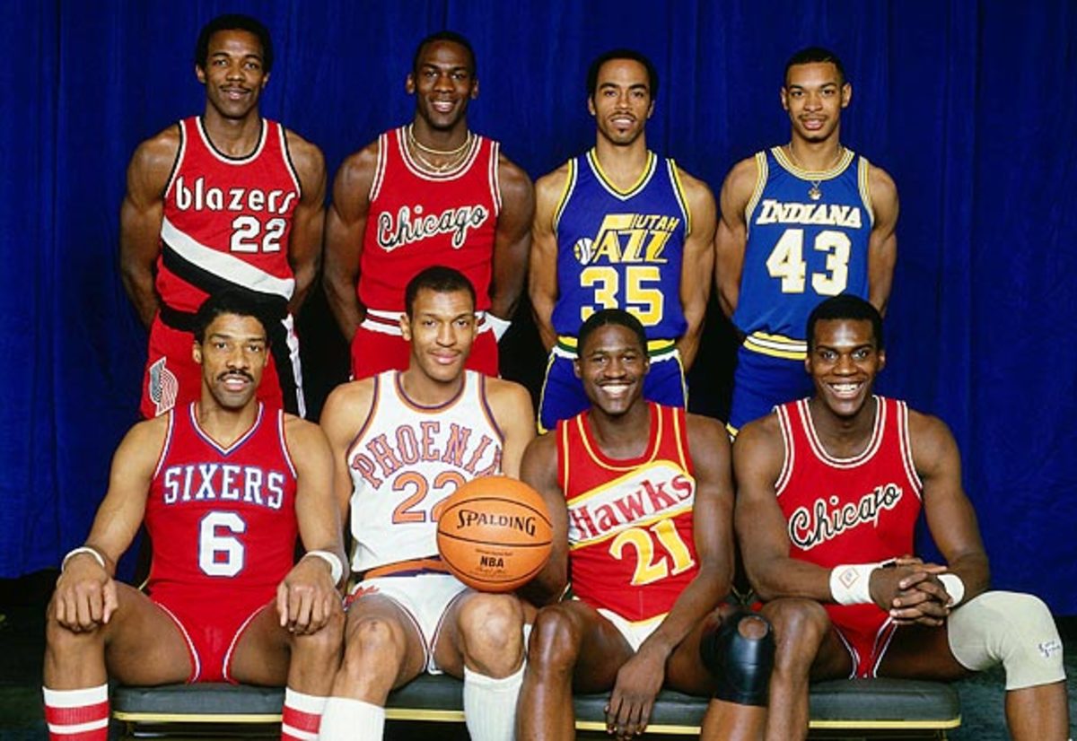 The 1985 dunk contest featured (clockwise from top left) Clyde Drexler, Michael Jordan, Darrell Griffith, Terence Stansbury, Orlando Woolridge, Dominique Wilkins, Larry Nance and Julius Erving. (Andrew D. Bernstein/NBAE via Getty Images) 