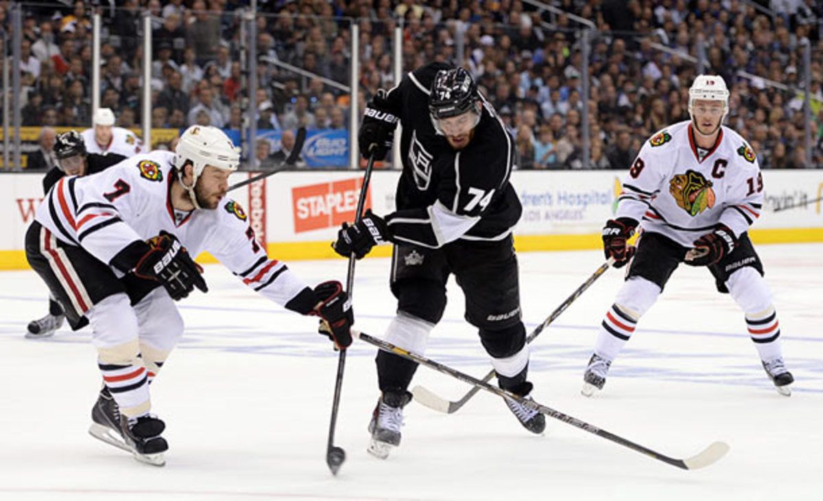 Brent Seabrook and Jonathan Toews in the 2013 Western Conference Finals