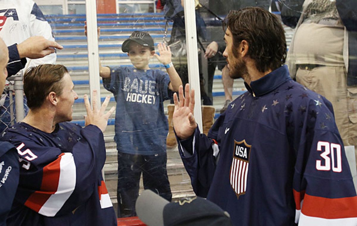 Goaltenders Jimmy Howard and Ryan Miller at USA Hockey's Olympic Orientation Camp.