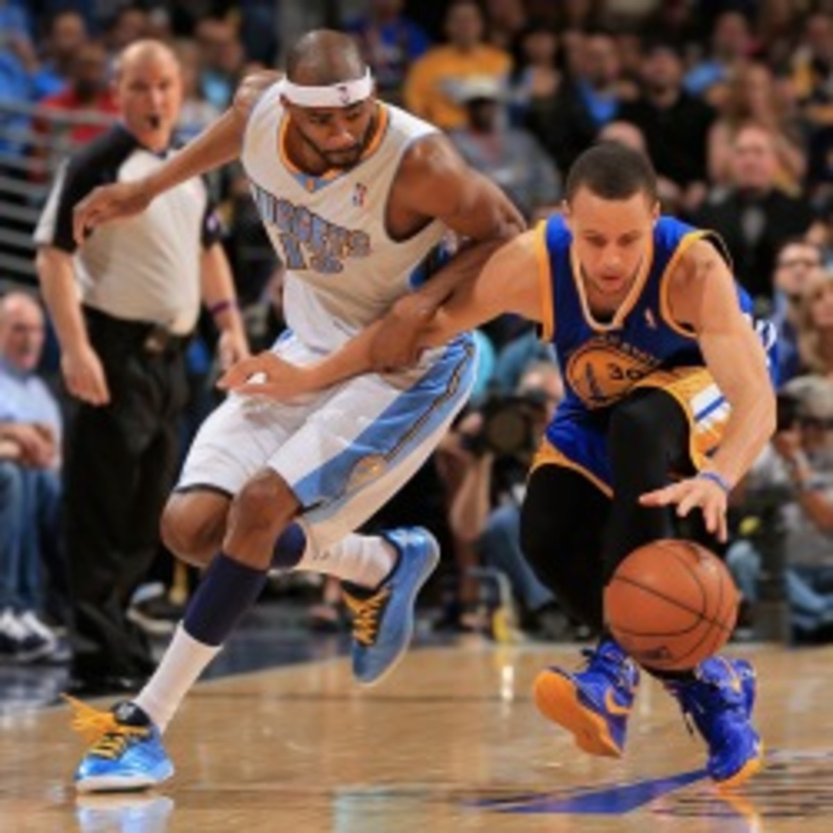 The Nuggets deny targeting Warriors guard Stephen Curry. (Doug Pensinger/Getty Images)