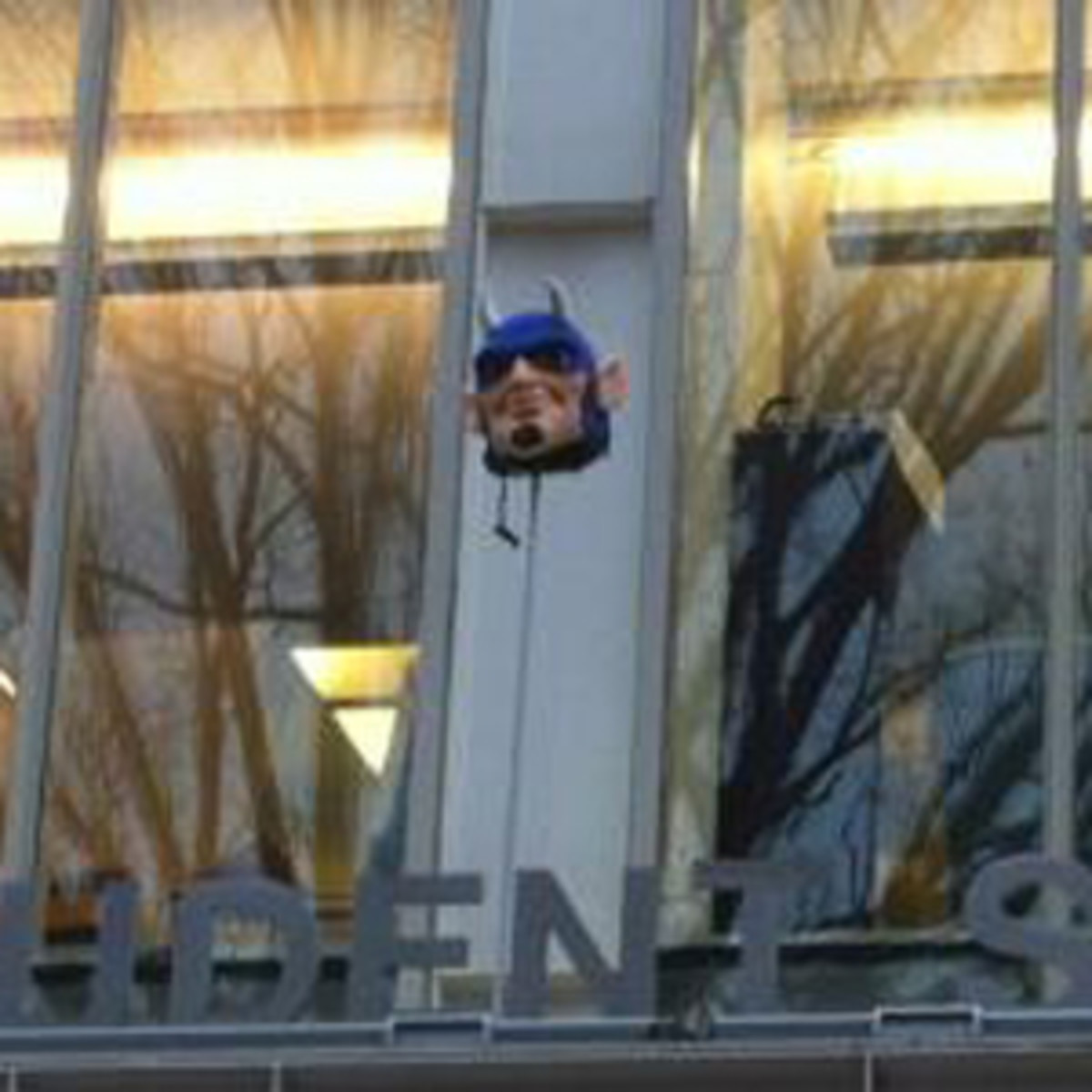 A stolen Duke Blue Devils mascot head appeared on a pole above a University of North Carolina campus book store.
