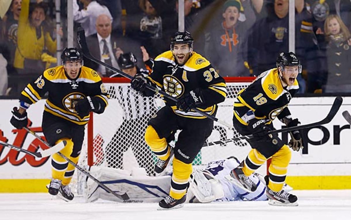 Patrice Bergeron of the Boston Bruins eliminates the Maple Leafs in Toronto's epic 2013 Game 7 playoff collapse.