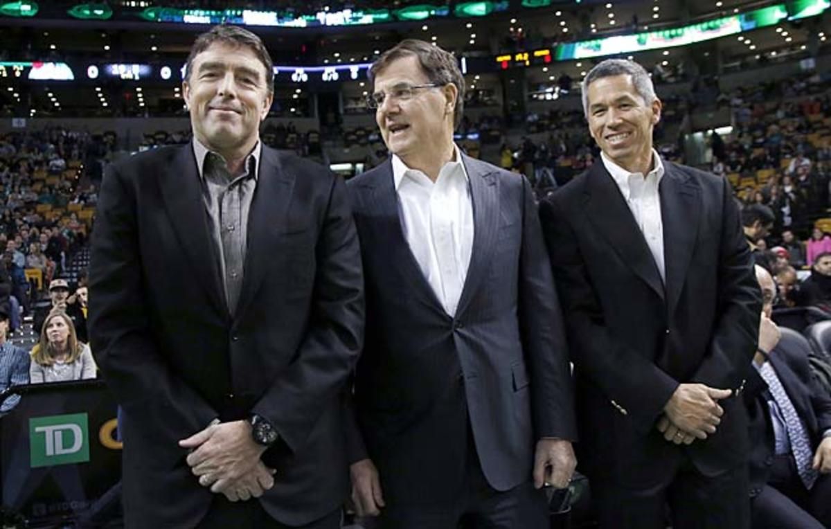 Celtics managing partner Wyc Grousbeck (left) with Bob Higgins (center) and team co-owner Mark Wan. 