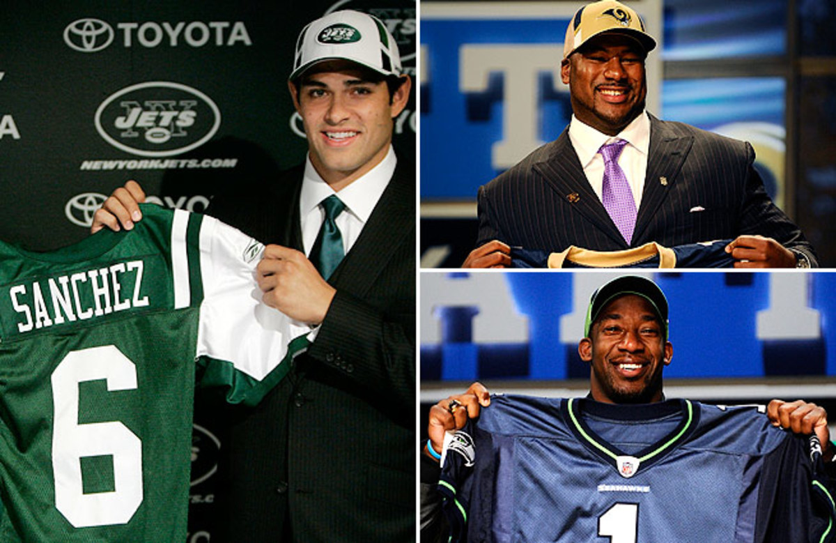 Mark Sanchez (left) has struggled, while fellow top-five picks Jason Smith (top right) and Aaron Curry are just trying to stay in the NFL.